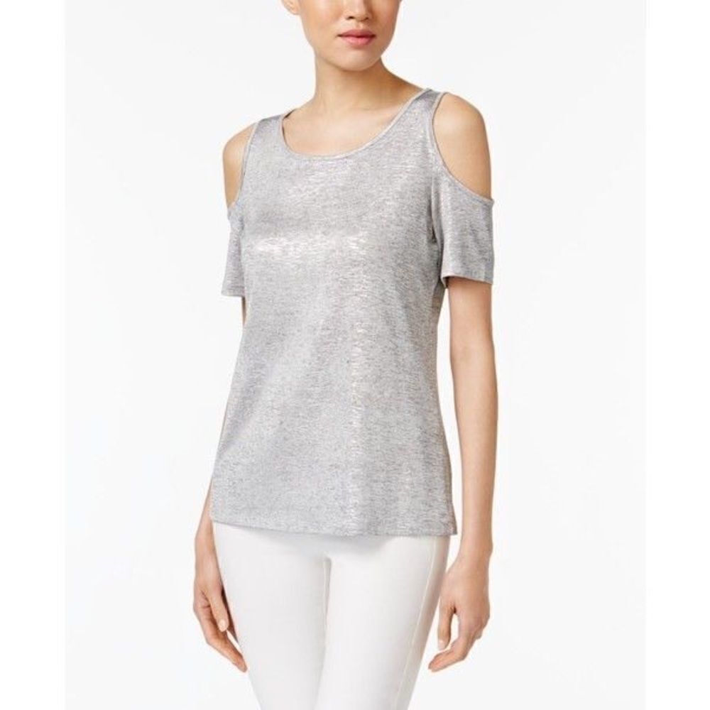 Calvin Klein silver top with cut out shoulder XS‎